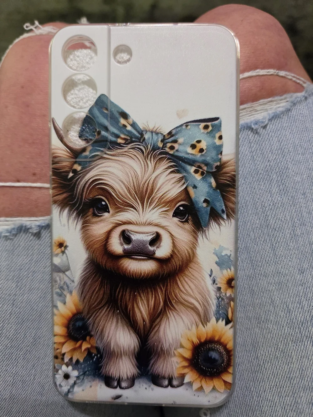 S22 Plus Cute Cow Phone Case with Blue Bow and Sunflowers